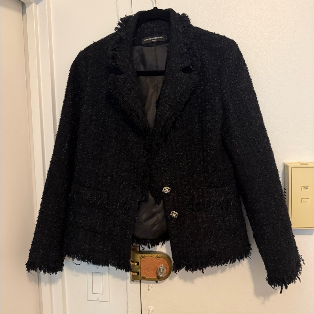Black Tweed Blazer With Frayed Trim